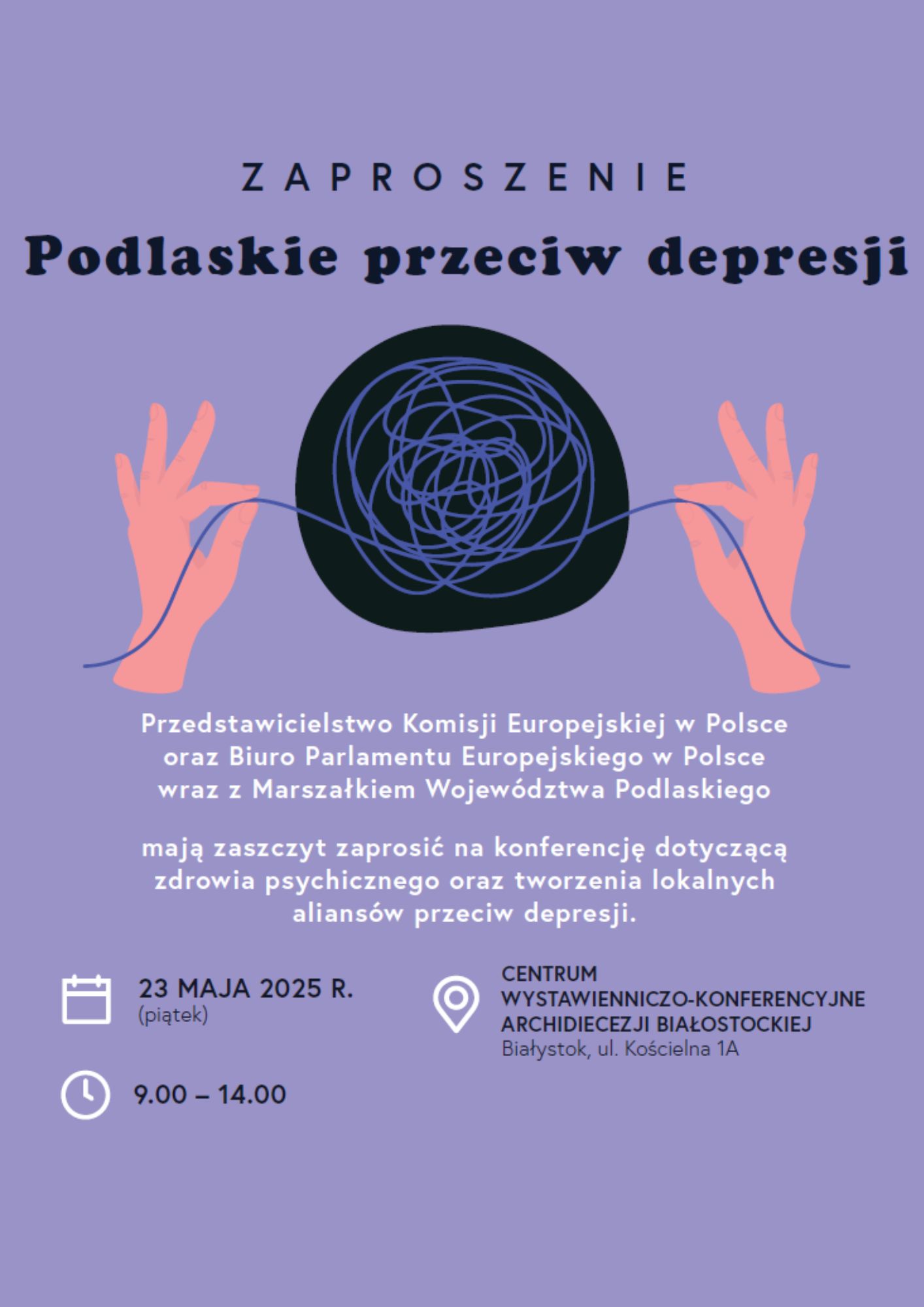 Plakat konferencji zorganizowanej na temat depresji. Niebieskie tło, dwie dłonie trzymają dwa końce sznurka. Sznurek leży w czarnym kole przypominającym głowę lub mózg