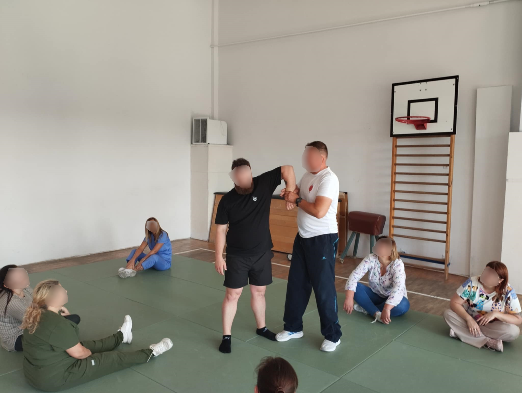 Sala gimanastyczna, maty, ćwiczenia, kilkunastu ludzi siedzi na matach a cztery osoby ćwiczą lub pokazują chwyty i dźwignie w zakresie samoobrony. Jest dzień.