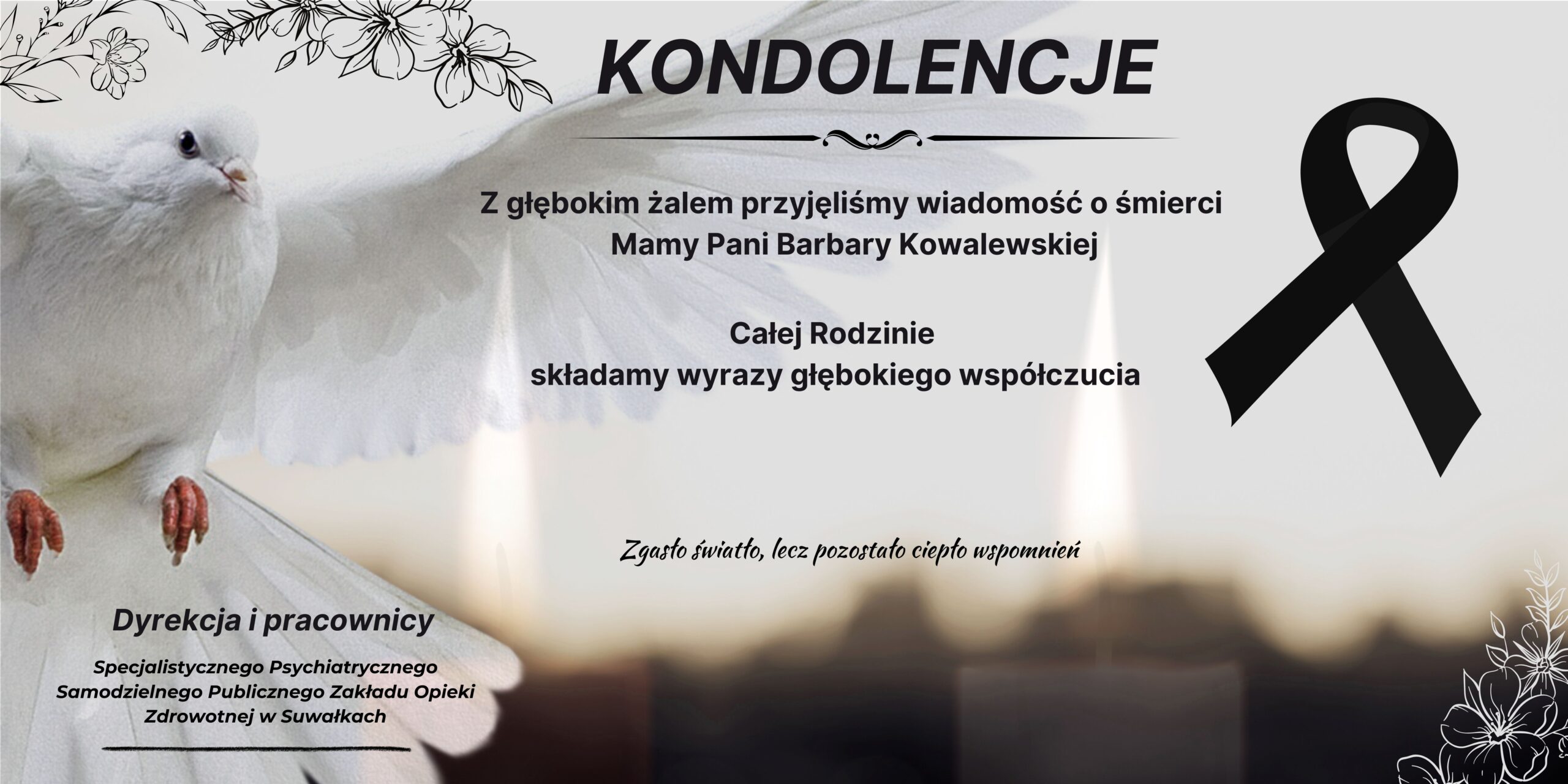 Zdjęcie kondolencyjne z powodu śmierci Mamy pracownika szpitala. Na obrazie widać gołębia i typową wstążke kondolencyjną