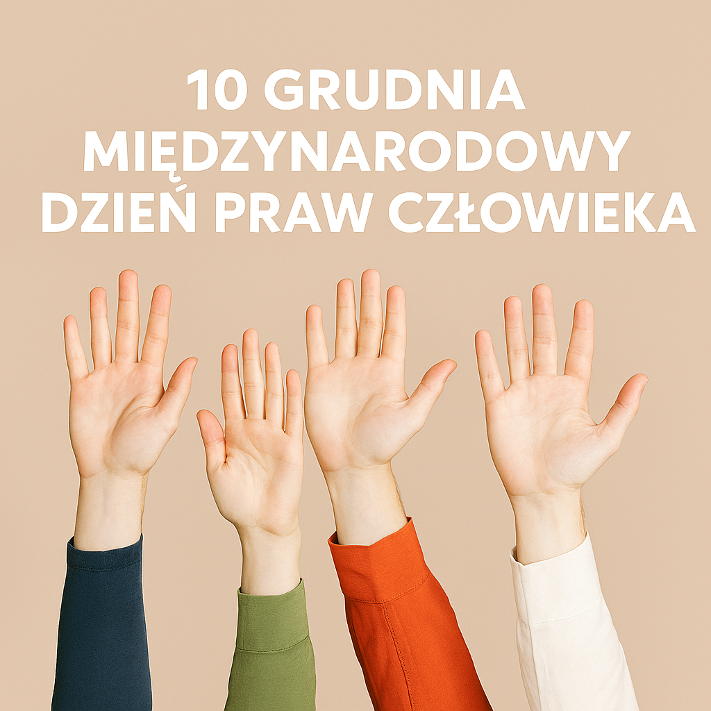 Obraz przedstawia ręce białych ludzi , dłonie podniesione do góry na szarym tle. Nad Dłoniami napis 10 grudnia - międzynarodowy dzień praw człowieka 