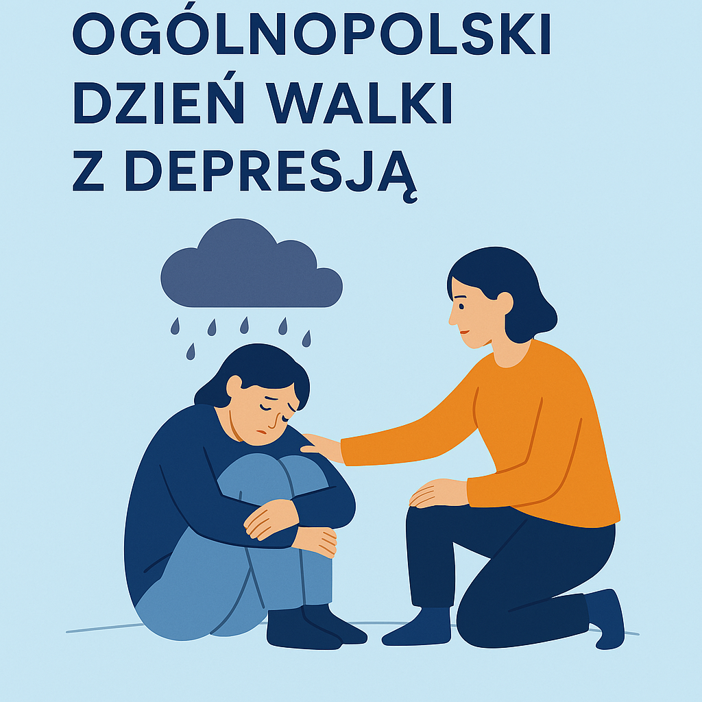 kobieta próbuje pocieszyć siedzacą na podłożu kobietę, unosi się nad nią chmurka z padającym deszczem, niebieskie tło i napis Ogólnopolski Dzień Walki Z Depresją