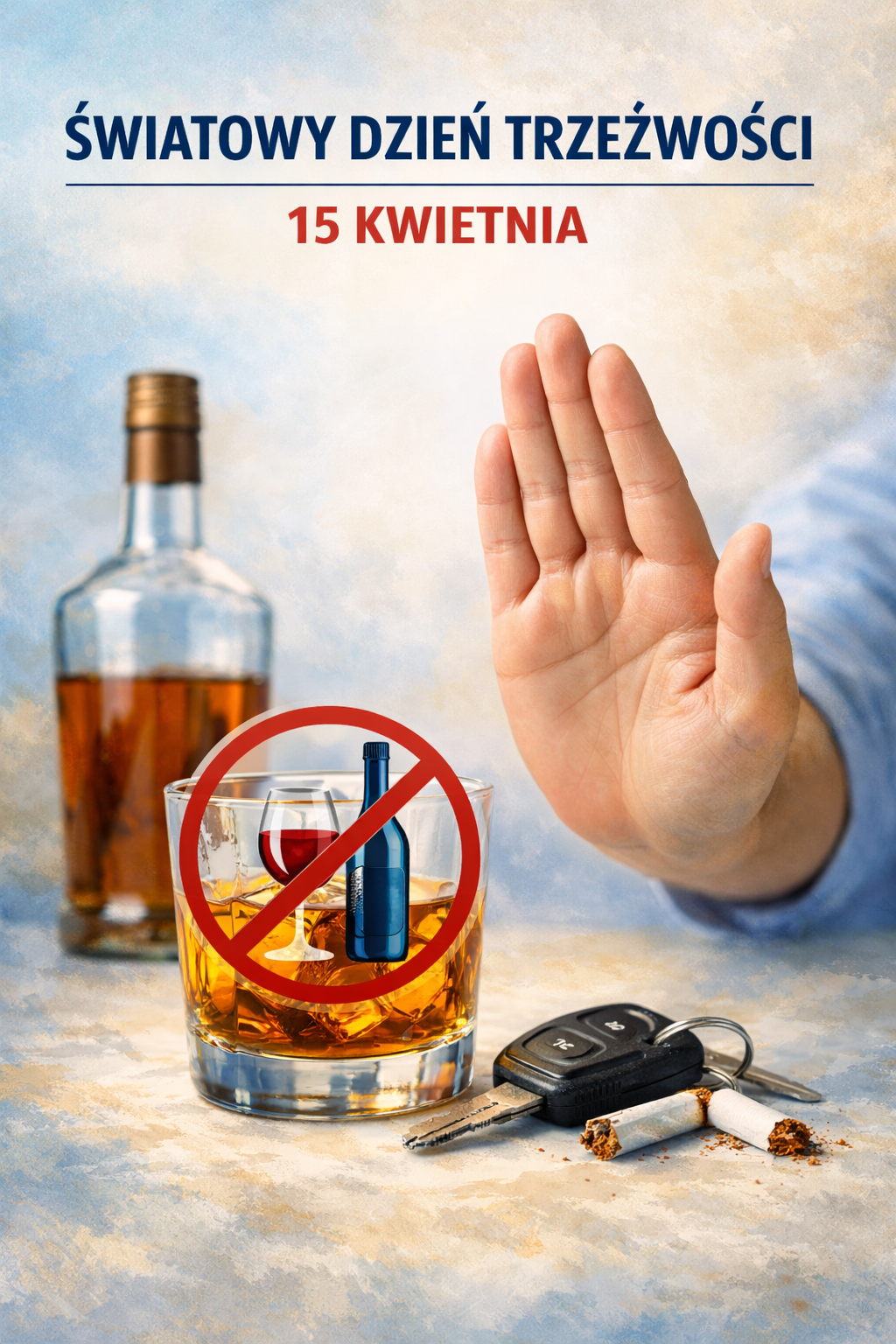 Grafika okazyjna pokazująca że dzień 15 kwietnia jest dniem trzeźwości. Na pierwszym planie  szklanka alkocholu mocnego z lodem kluczyki od auta i przełamanu paieros. Z tyły widac butelkę z mocnym alkocholem Szklanka jest zasłonięta przekreślonym czerwonym znakiem czyli zakazem spożywania W tle całego rysunku Dłoń jednoznacznie odmawiająca wypicia alkoholu