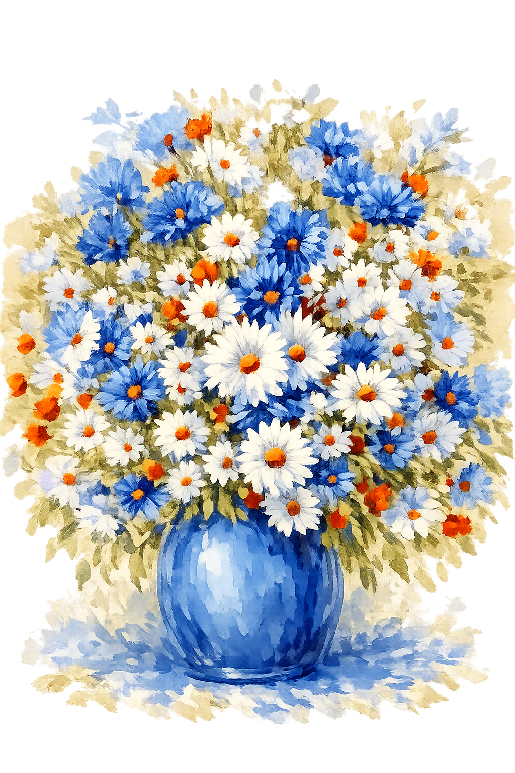 Białe, czerwone. żółte i niebieskie kwiaty w niebieskim wazonie. Kwiatów jest bardzo dużo. Obrazek wygląda jak kolorowy szkic