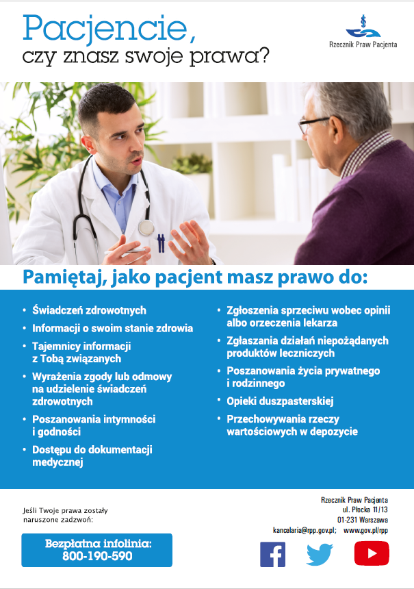Plansza z wypisanym prawami pacjenta Na plakacie widać doktora ze stetoskopem, ltóry rozmawia ze starszym siwym mężczyzną w okularach