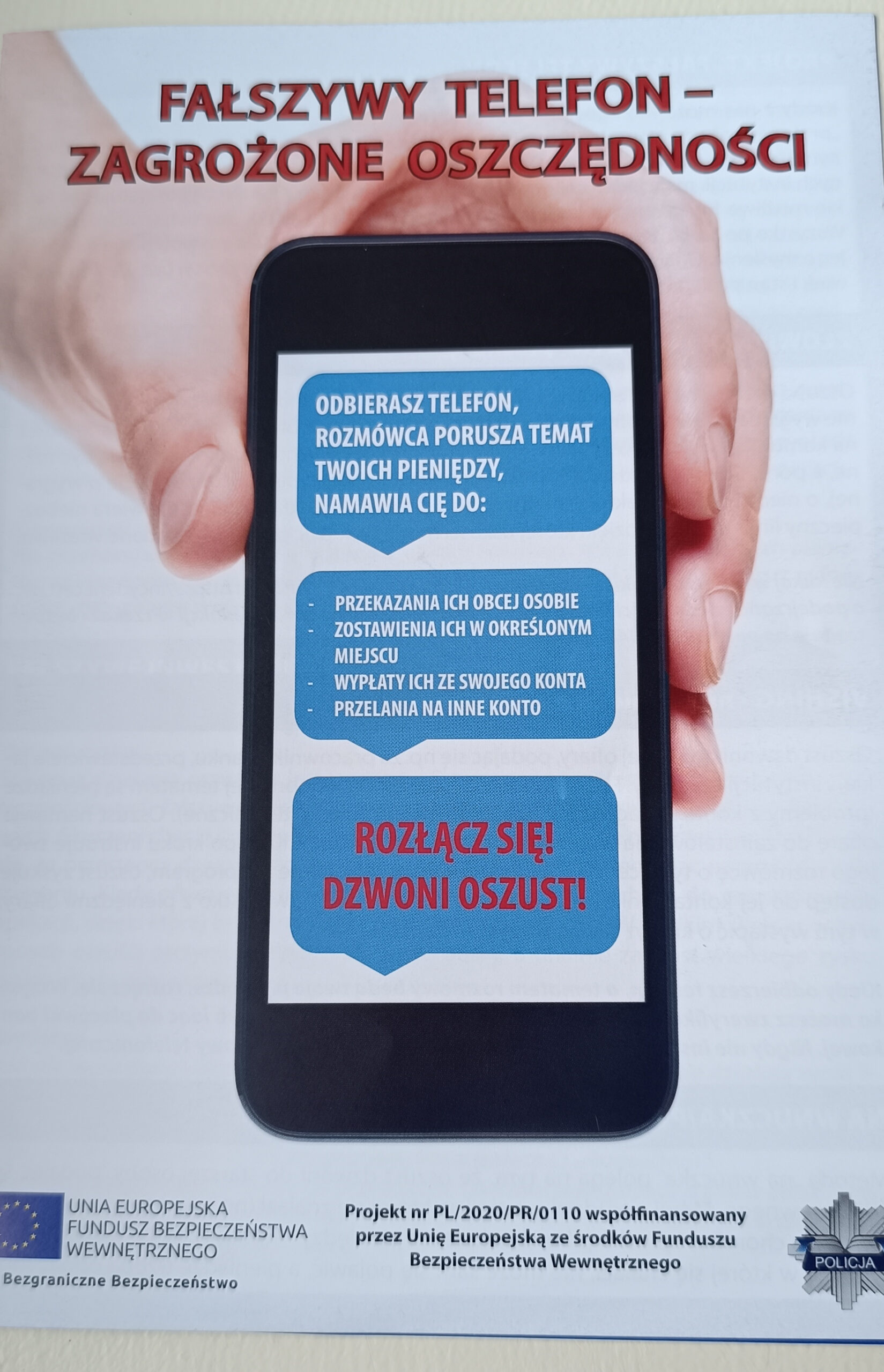 Plakat telefonu komórkowego z informacjami jak zapobiegać oszustwom 