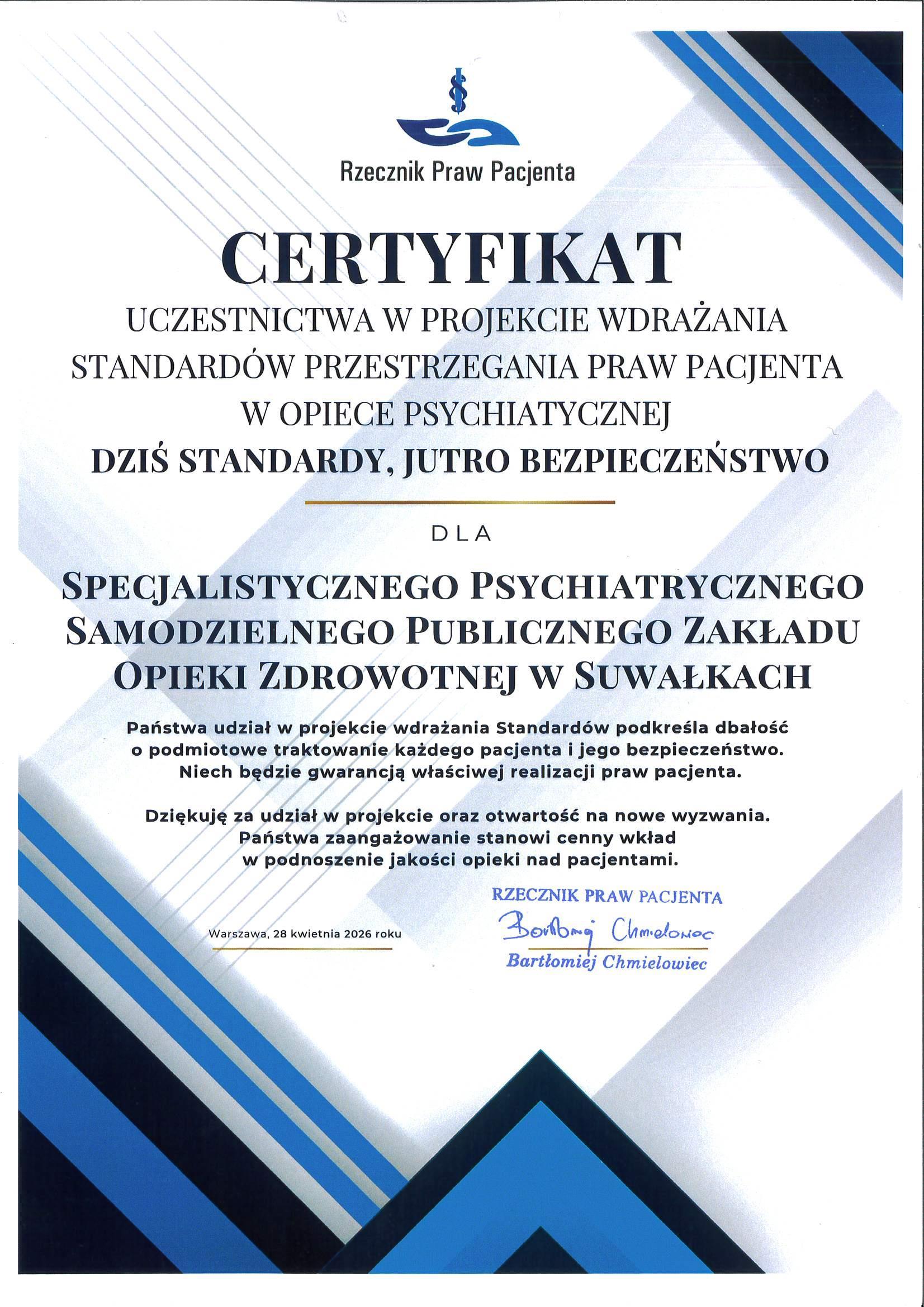 Certyfikat Od Rzecznika Praw Pacjenta potwierdzajacy wysokie standardy 