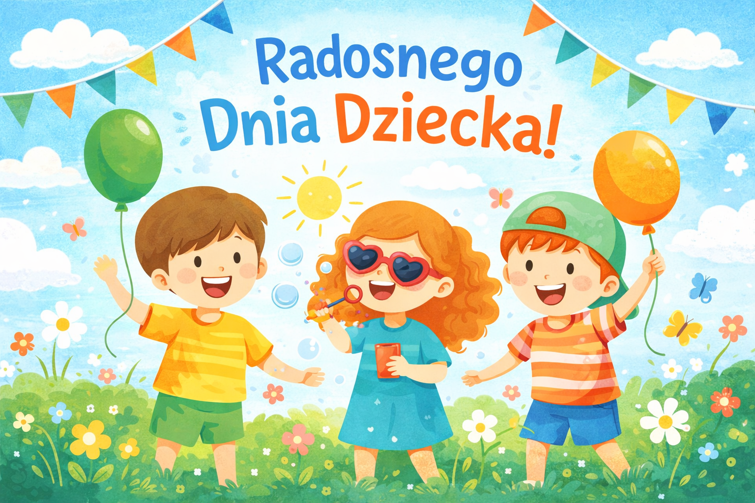 Rysunek usmiechniętych dzieci  na kolorowym jasnym tle . W tle napis ADOSNEGO DNIA DZIECKA