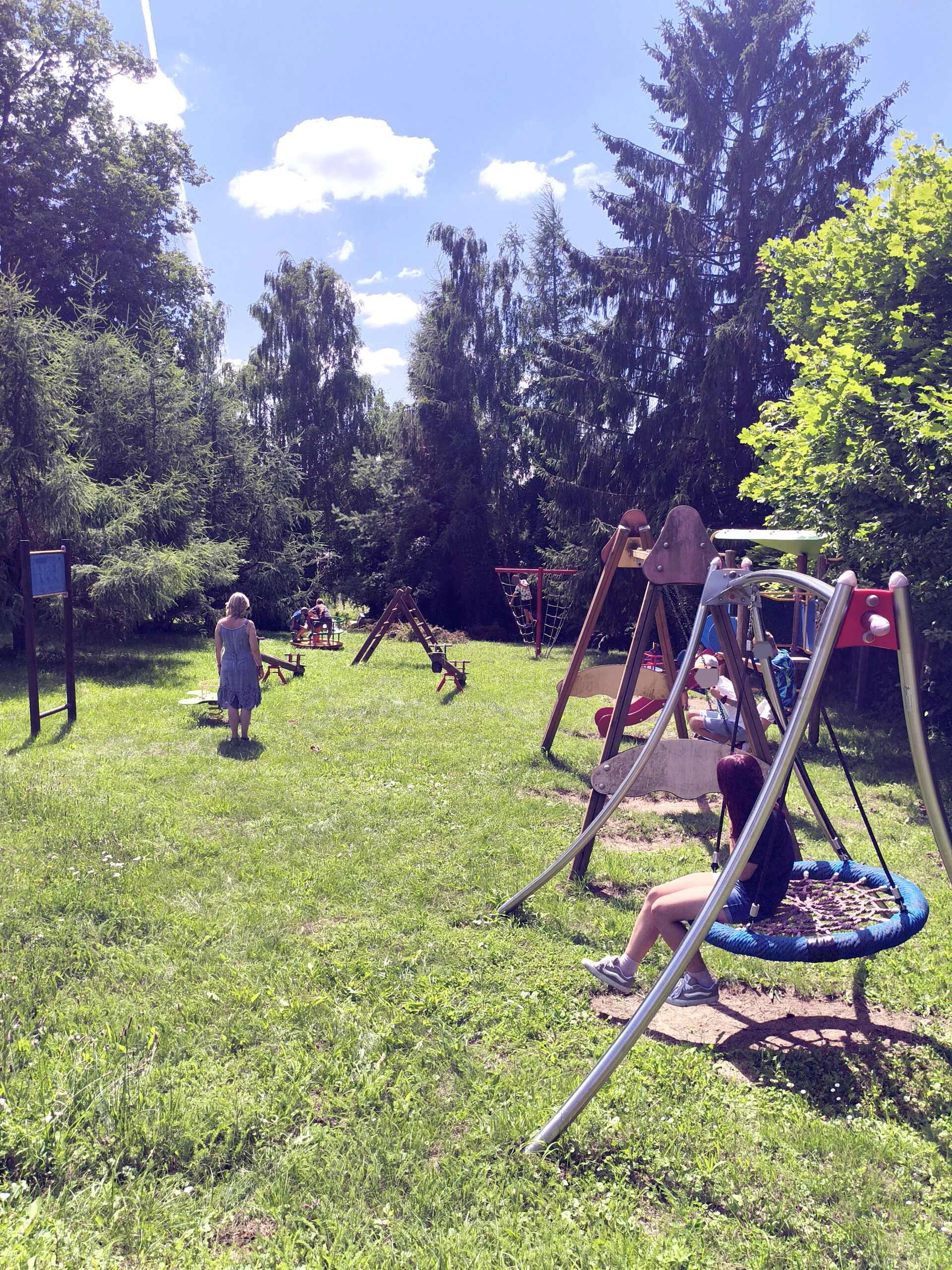 Grupa dzieci bawi sie w pełnym słońcu na placu zabaw na trawie